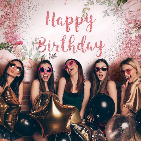 Breling 2 Pcs Pink Happy Birthday Backdrop Banner and Tablecloth for Women Rose Gold Birthday Party Decorations Plastic Floral Table Cover Backdro...