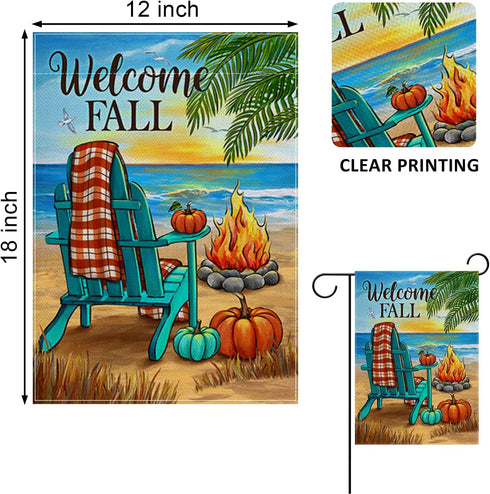 Welcome Fall Beach Pumpkin Decorative Garden Flag, Autumn Sea Ocean Chair Bonfire Coastal Yard Outside Decorations, Buffalo Plaid Check Nautical O...