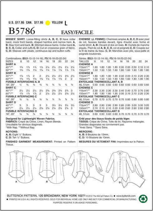 Butterick Patterns B5786F50 Misses' Shirt Sewing Pattern, Size F5 (16-18-20-22-24)...