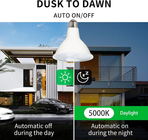 Dusk to Dawn PAR38 LED Light Bulbs, Daylight 5000K, 150W Equivalent, 1700LM, Auto On/Off Light Sensor Bulb, E26, 17W 2 Pack, HQ-H033...