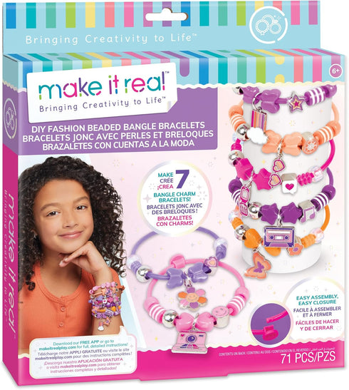 Make It Real: DIY Fashion Beaded Bangle Bracelets - Create 7 Bracelets, 71pcs All-in-1 Jewelry Kit, Purple-Pink-Orange, Crafts, Girls & Kids Ages ...