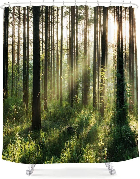 LIGHTINHOME Nature Shower Curtain 72x72 Inch Bright Sunshine Tree Green Leaves Fresh Grass Landscape Woodland Scene Floral Fabric Waterproof Bathr...
