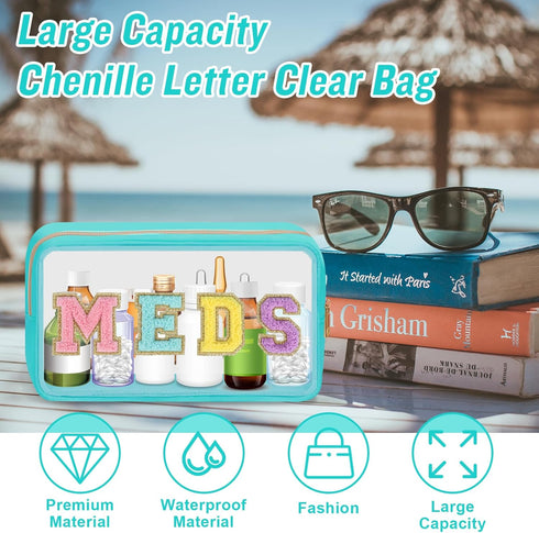Clear Letter Patch Medicine Bag Drugs Pouch with Zipper, Travel Portable Cosmetic Makeup Bag for Women Girls, Waterproof Nylon PVC Toiletry Meds S...