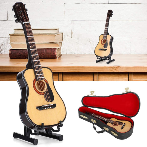 Wooden Miniature Guitar with Stand and Case, 5.9in Black Miniature Guitar Mini Guitar Model Guitar Figurine Mini Guitar Toy Birthday Gift Home Dec...