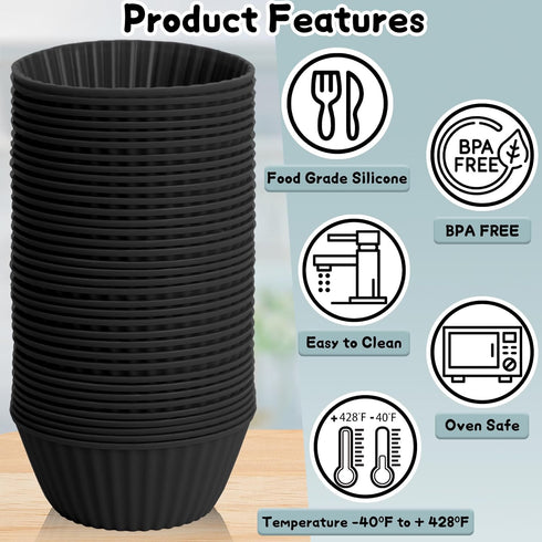 Silicone Baking Cups Reusable Muffin Cupcake Liners 24 Pack Non-stick Cupcake Holders Molds for Party Birthday Halloween Christmas Black...