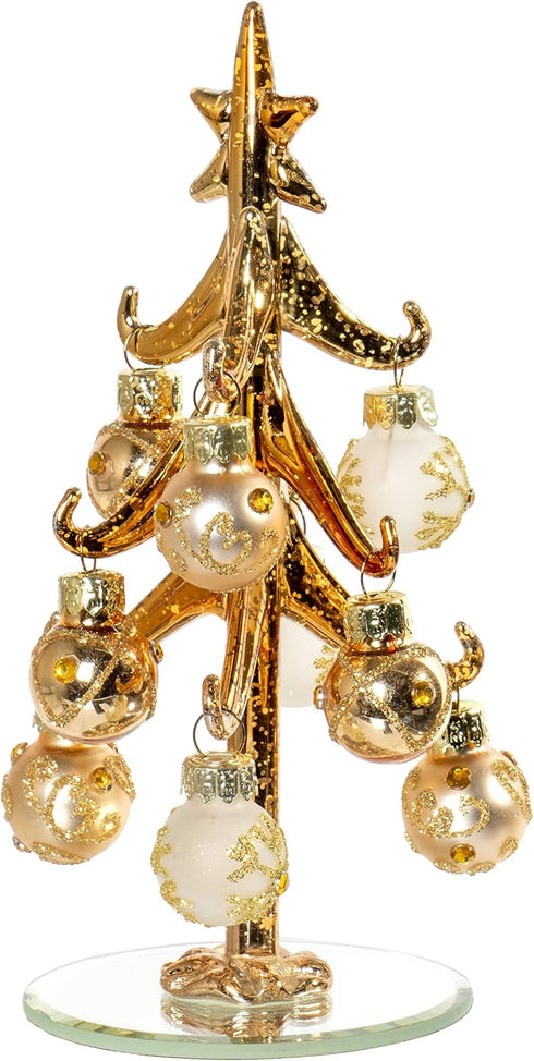 Red Co. 6.25" Mini Gold Metallic Glass Christmas Tree Tabletop Decoration with Glittered Removable Ornaments...
