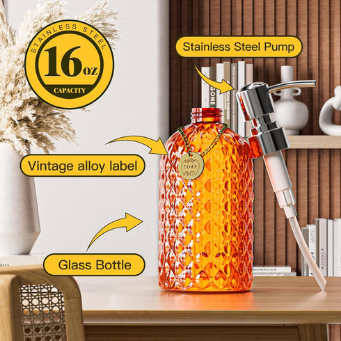 12 oz Diamond Stripe Glass Soap Dispenser, 304 Rust Proof Glass Soap Dispenser, Orange Glass Bottle Soap Dispenser with Pump; Restroom Soap Dispen...