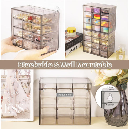 Desk Storage Organizer with 12 Mini Drawers, Clear Desktop Craft Drawer Cabinet, Stackable Storage Box Caddy for Makeup Jewelry Office Craft Suppl...