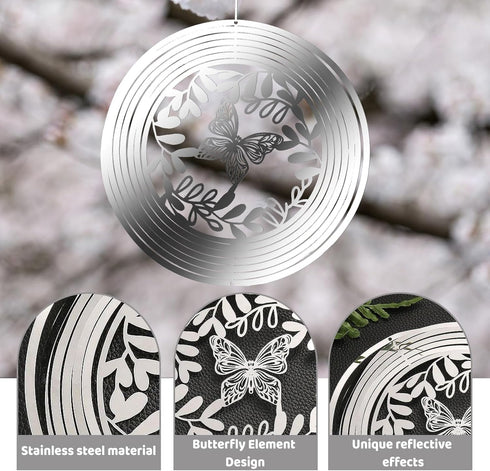 Butterfly Wind Spinner Outdoor, 7.0 Inch 3D Metal Garden Yard Spinner Hanging, Silver Kinetic Wind Spinner Sculpture for Window Indoor Decoration ...