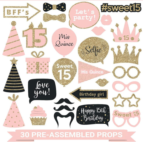 Fully Assembled Sweet 16 Birthday Photo Booth Props - Set of 30 - Pink & Gold Selfie Signs - 16th Party Supplies & Decorations - Cute 16th Bday De...