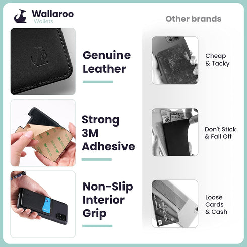 Premium Leather Phone Card Holder - Stick On Wallet for iPhone and Android Smartphones - Minimalist Style with Non-Slip Lining Secures Up to 3 Car...