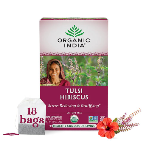 Organic India Tulsi Hibiscus Herbal Tea - Holy Basil, Stress Relieving & Gratifying, Immune Support, Adaptogen, Vegan, USDA Certified Organic, Non...