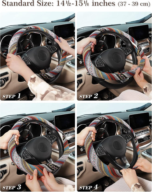 SEG Direct Boho Steering Wheel Cover with Baja Blanket Cloth, Ethnic Style Auto Wheel Cover Made of Coarse Flax, Fits 14 1/2-15 1/4 inches Car Whe...