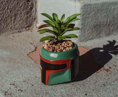 Star Wars Boba Fett Helmet 3-Inch Ceramic Planter with Artificial Succulent | Small Flower Pot, Faux Indoor Plant for Desk Shelf, Trinket Tray | C...