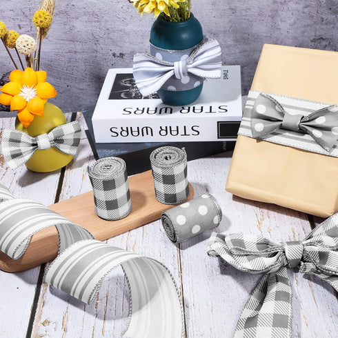 Grey Wired Edge Ribbon Plaid Ribbon 3 Rolls 2.5 Inch Farmhouse Ribbon Buffalo Check Gray Ribbon Polka Dot Striped Ribbon Buffalo Plaid Ribbon Wire...