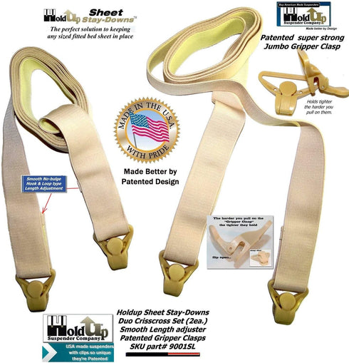 Hold-Up Brand Crisscross Fitted Sheet Strap Stay-Downs with US Patented Gripper Clasps...
