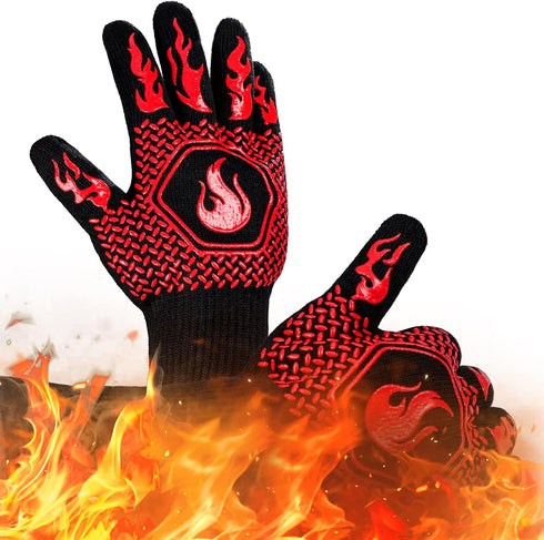 BBQ Fireproof Gloves, Grill Cut-Resistant Gloves 1472°F Heat Resistant Gloves, Non-Slip Silicone Oven Gloves, Kitchen Safe Cooking Gloves for Oven...