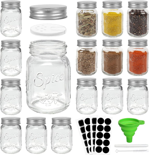 CycleMore 15 Pack 4oz Glass Mason Spice Jars, Round Spice Containers with Silver Metal Caps and Pour/Sift Shaker Lids-40pcs Labels,1pcs Silicone C...