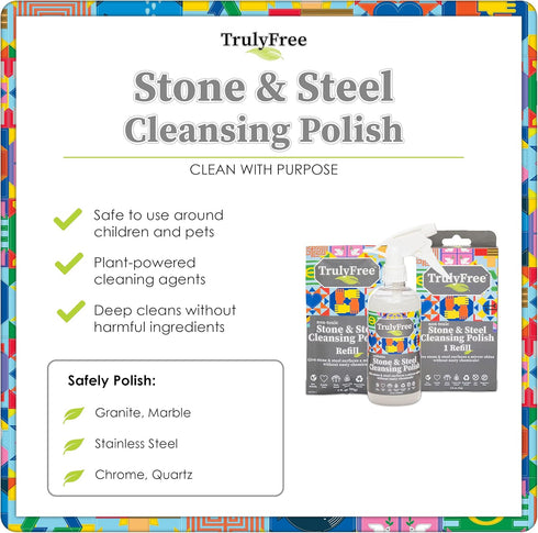 Stone & Steel Cleansing Polish Starter Kit - Quartz, Marble, Granite, Stone Countertop, Oven, Stainless Steel Cleaner - 16oz Spray Bottle, 2 Refil...