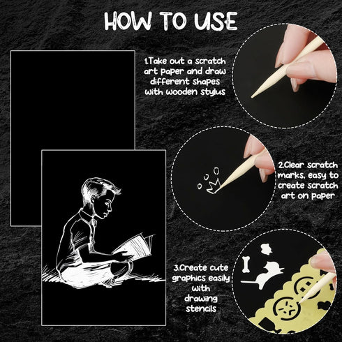 Noveread 67 Pcs Scratch Paper Art Set Scratchboard Craft Kits Black Coated Scratch Paper Wood Art Stylus and Stencils for DIY Birthday Party Gift ...