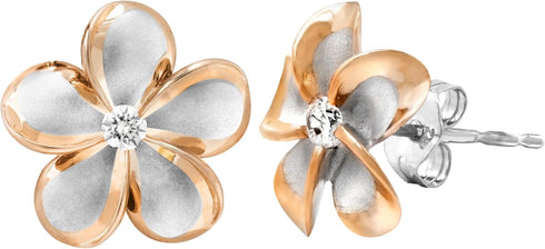 Honolulu Jewelry Company Sterling Silver with 14K Rose Gold Plated Trim CZ Plumeria Flower Nature Stud Earrings, 12mm...