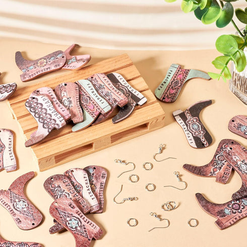 Beadthoven Earrings Making Kit Cowboy Boots Wood Earring Dangle Charms 22pcs Western Cowboy Boot Pendants Assorted Wood Pendants with Earring Hook...