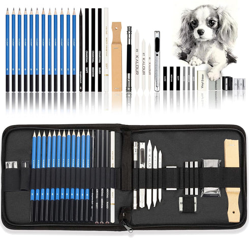 KALOUR 33 Pieces Pro Drawing Kit Sketching Pencils Set,Portable Zippered Travel Case-Charcoal Pencils, Sketch Pencils, Charcoal Stick,Sharpener,Er...