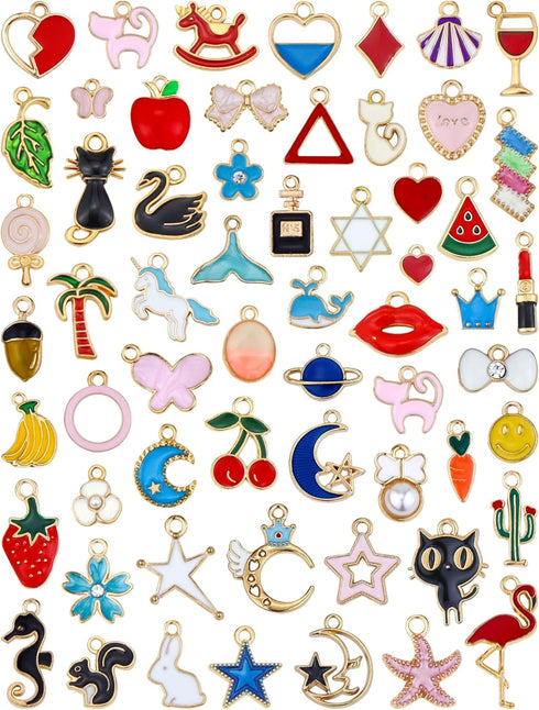 JIALEEY 60PCS Assorted Gold Plated Enamel Animal Moon Star Fruit Charm Pendant DIY for Necklace Bracelet Jewelry Making and Crafting...