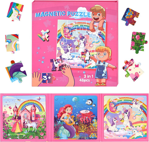 3 otters Magnetic Puzzles for Toddlers, Magnetic Travel Puzzles Book Fairytale Wooden Magnetic Puzzles for Toddlers Road Trip...