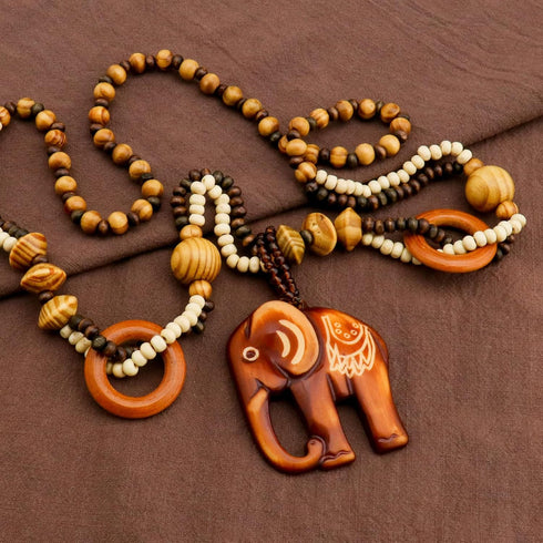 Vintage Ethnic Wood Elephant Pendant Wooden Bead Necklace Long Sweater Chain Women Vintage Necklace Jewelry Gift for Birthday Mother's Day, Valent...