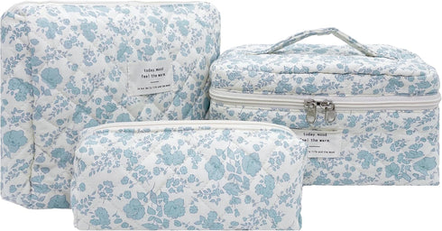 3PCS Quilted Makeup Bag Set, Floral Cute Cotton Quilted Makeup Bag Set, Extra Large Small Travel Essential Pouch Cosmetic Bag Organizer Aesthetic ...