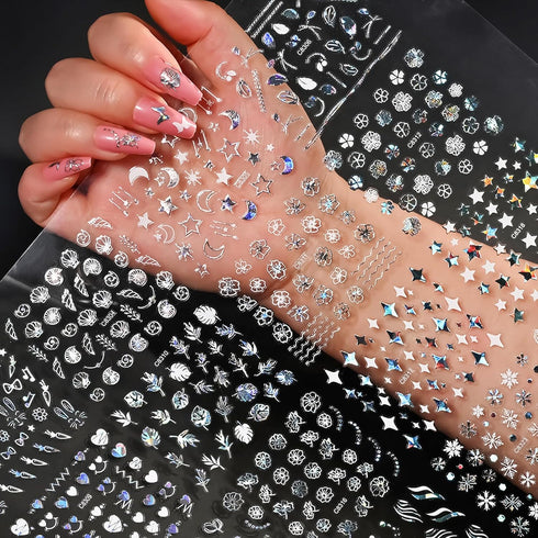 90 Sheets Silver Nail Art Stickers Holographic Laser Silver Nail Decals 3D Self Adhesive Nail Stickers for Nail Art Designs Star Line Flower Nail ...
