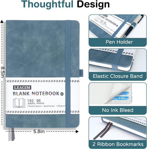 Blank Journal Notebook, A5, 192 Pages 100 GSM Thick Sketch Book for Women Men, Hardcover Leather Unlined Journaling for Work, Notebooks for Writin...