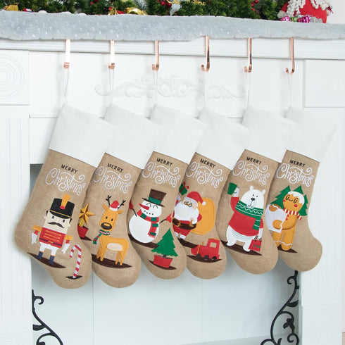 Beyond Your Thoughts Family Burlap Rustic Cartoon Cute Christmas Stocking Oranments Set of 6 (Extra Large) Embroidered Linen Christmas Family Deco...