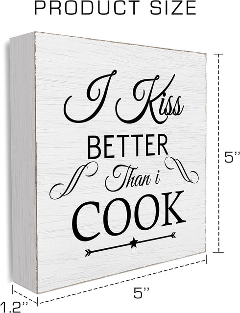 5 x 5" I Kiss Better Than I Cook White Wood Block Plaque Box Signs, fit Kitchen Cooking Wood Box Sign, Home Living Room Trestle Table Decoration -...