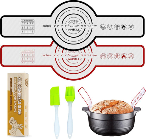 2PCS Silicone Bread Sling, Reusable Bread Baking Mat with Long Handles for Dutch Oven Liners, Non-Stick & Easy Clean Silicone Bread Mat(1 Red+1 Bl...