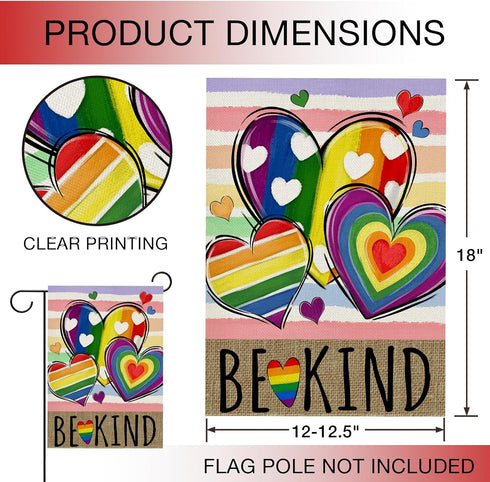Be Kind Rainbow Love Heart Garden Flag Double Sided, LGBTQ Gay Lesbian Decorative Yard Outdoor Home Pride Month Small Decor, LGBT Bisexual Pansexu...
