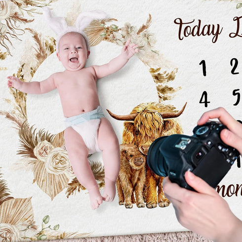 Boho Floral Baby Monthly Milestone Blanket Neutral Bohemian Photo Prop Blanket Personalized Highland Cow Baby Present Pampas Grass Ideas for Baby ...