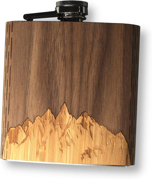 WUDN 6 oz. Wooden Hip Flask - Stainless Steel Body, Sawtooth Mountains Walnut Sky...
