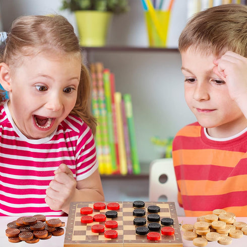 48 Pieces Wooden Checkers 1.06 Inch Wooden Checkers Pieces with Stackable Ridge in Drawstring Storage Pouch Red Black Dark Brown Wood Color (Red, ...