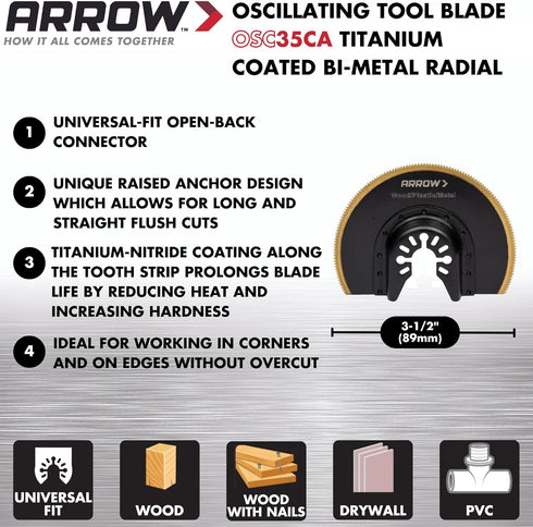 Arrow OSC35CA Titanium Coated Bi-Metal Oscillating Tool Radial Saw Blade for Woodworking, Drywall, PVC, and Metal, 3-1/2 Inch...