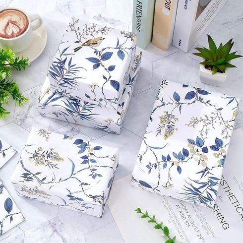 JarThenaAMCS 6 Sheet Bird Flower Wrapping Paper -Not Roll- Blue White Gift Wrap Paper Folded Flat DIY Art Craft Paper for Birthday Party Baby Show...
