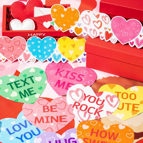 Haooryx 76Pcs Sweet Conversation Heart Cutouts Bulletin Board Set Valentine's Day Candy Heart Paper Cut-Outs Border Trim Bulletin Cardboard for Va...