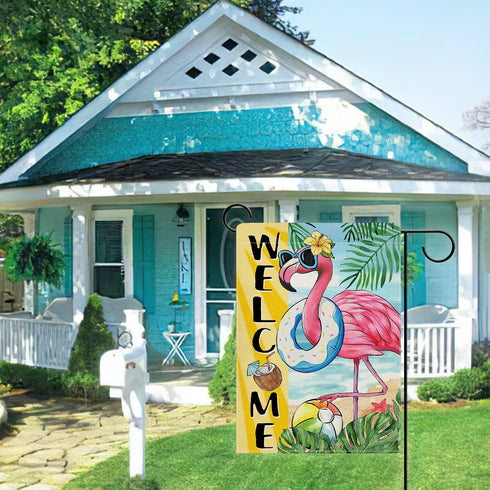 Welcome Summer Flamingo Decorative Garden Flag, Beach Coastal Swim Ring Tropical Palm Leaves Yard Outside Home Decoration, Hawaii Aloha Nautical O...