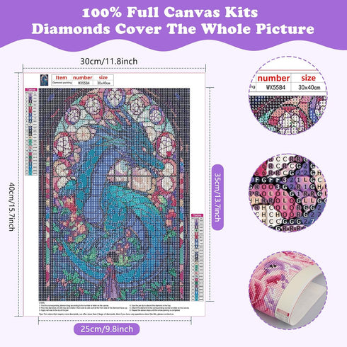 SENQAO 5D Diamond Painting Kits Dragon Stained Glass DIY Diamond Full Round Drill Diamond art for Adults Flowers Diamond Art Full Drill Crystal Cr...