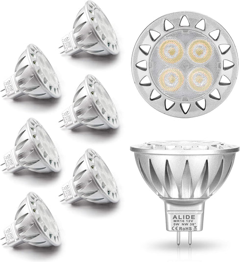 ALIDE MR16 GU5.3 Led Bulbs 5W 4000K Neutral/Natural White,20W-35W Halogen Equivalent,12V MR16 Low Voltage Bulbs for Outdoor Landscape Flood Ceil T...