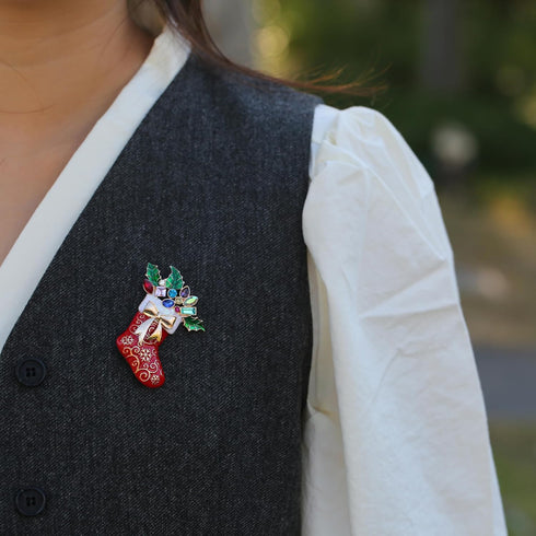 RareLove Christmas Brooch Red Stocking with Holly Snowflake Gold Bow Enamel Pin Rhinestone Brooch Christmas Pin for Women, Cute Pins,Christmas Jew...