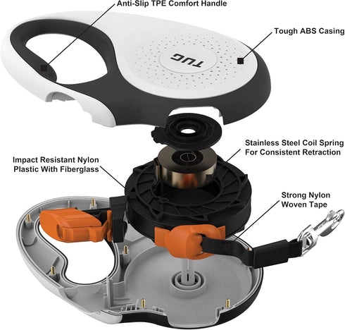 TUG 360° Tangle-Free Retractable Dog Leash with Waste Bag Dispenser (Small, White/Orange)...