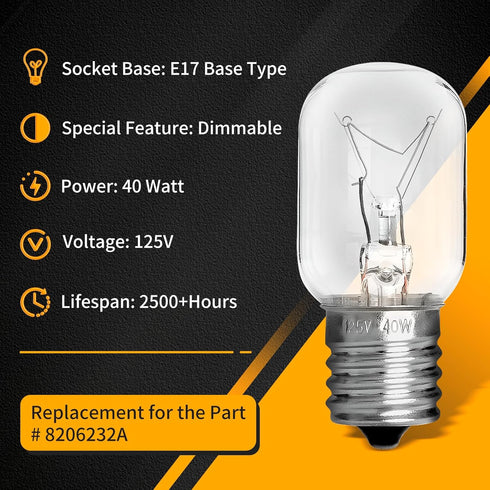 UP2WIN Light Bulb Compatible with Whirlpool 8206232A Light Bulb, 40w 125v Microwave Oven Light Replace for Part Whirlpool Kenmore Maytag Microwave...