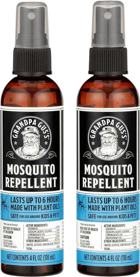 Grandpa Gus's Natural Mosquito Repellent Spray, Time-Release Plant-Based Actives, Non-Greasy, No Stains, No DEET, 4 oz (Pack of 2)...